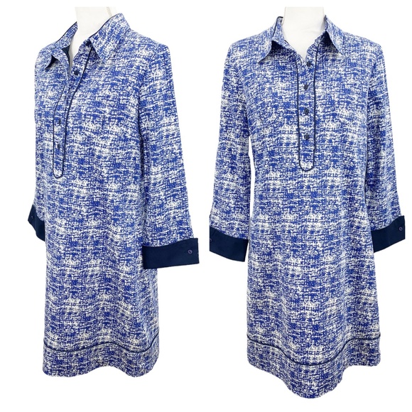 Nora Gardner Blue & White Abstract 3/4 Sleeve Flip Cuff Shirt Dress Sz 10 - Picture 1 of 15